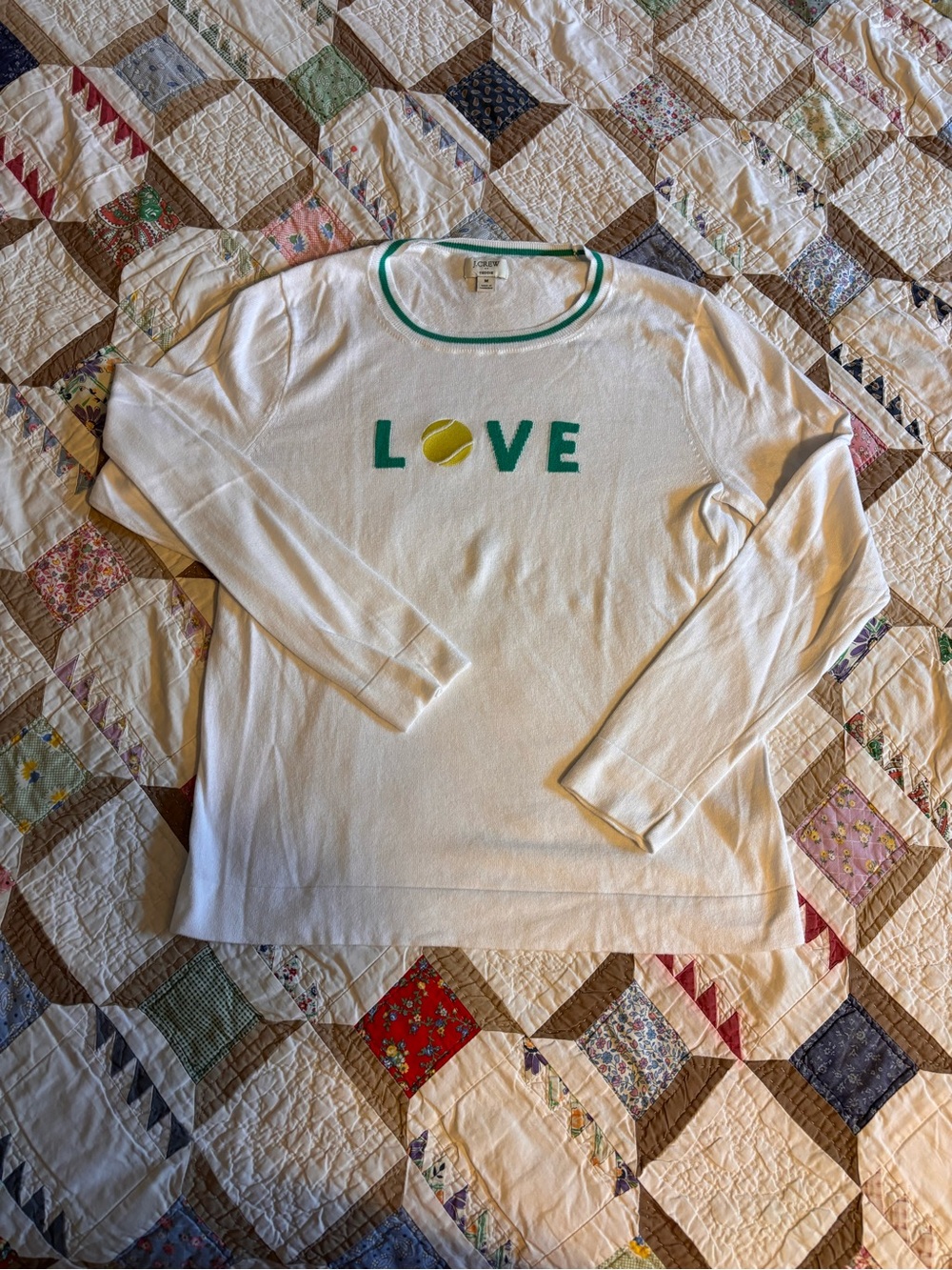 J. Crew White Long Sleeve Tee with Green Trim and Yellow Tennis Graphic